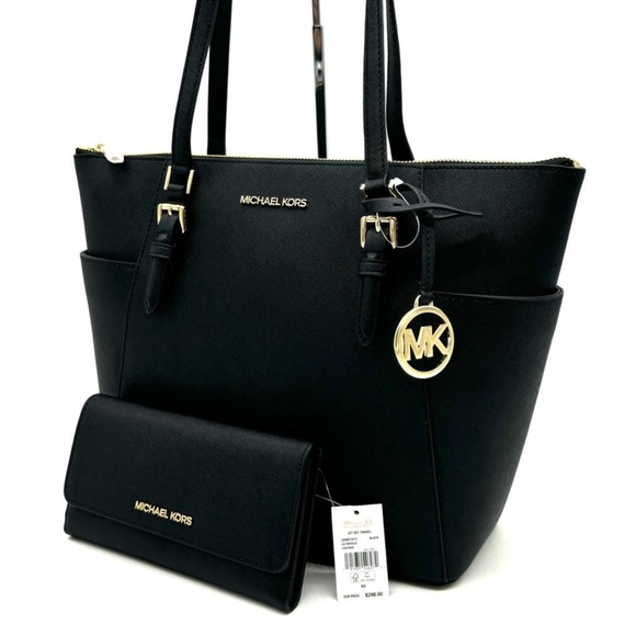 Michael Kors Large Charlotte TZ Tote Bag & Large Trifold Wallet Black/Gold - Picture 2 of 14